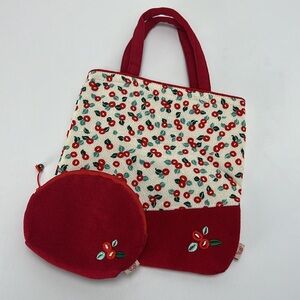 Japanese Fabric Mini Bag Floral Purse Tote Coin Purse Set Silky Red Blue Y2K 90s